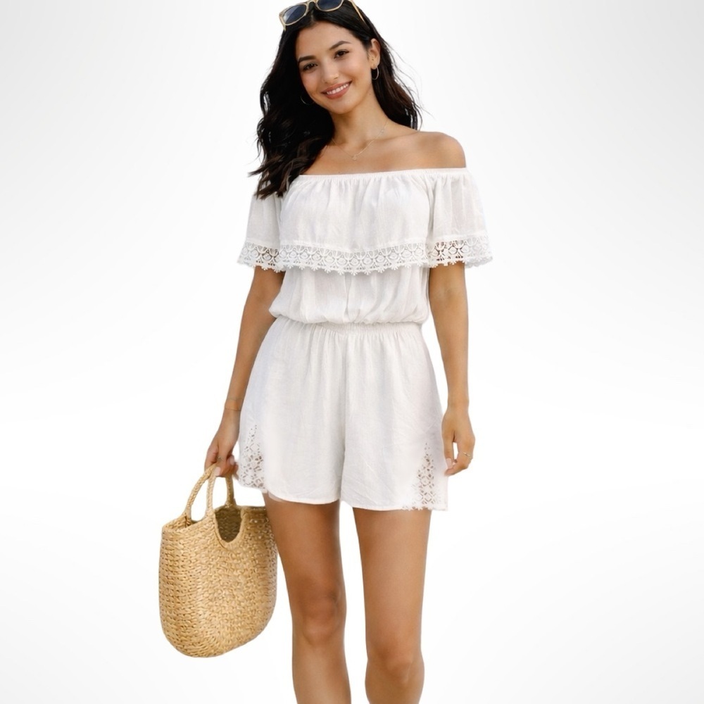 COTTON ON White Off The Shoulder White Gauze Short Romper with Lace trim